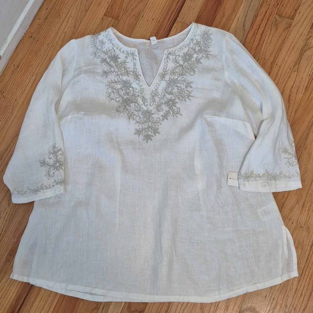 NWT Charter Club Linen Embroidered Top Women White 3/4 Sleeve Blouse 1X - Picture 3 of 15